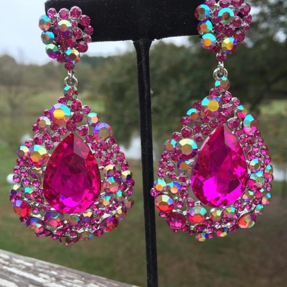 hot pink pageant earrings with AB